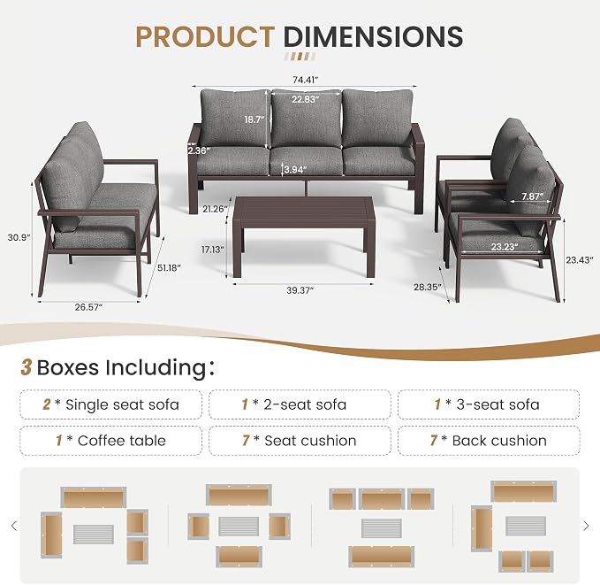 Aluminum Patio Conversation Set 5-Piece All-Weather Outdoor Sectional Sofa with 4" Cushions, Modular Patio Set for Porch Poolside Deck Yard