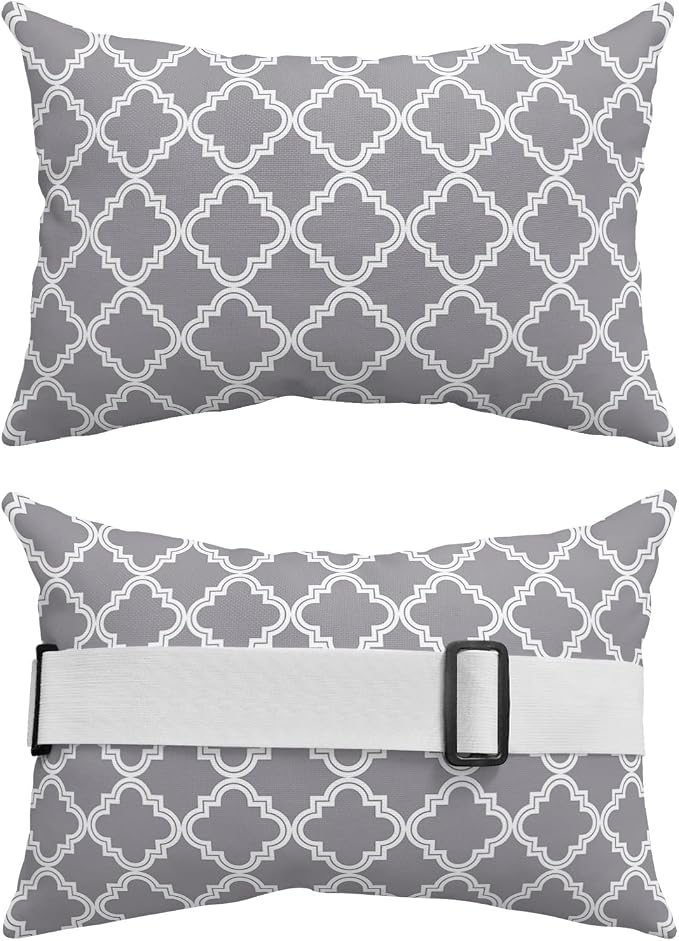 Outdoor Pillows Covers with Inserts Grey Moroccan Pattern Geometric Waterproof Recliner Pillow with Adjustable Strap Throw Pillows for Patio Furniture Pool Lounge Chair, 12x20 inch, 2PCS