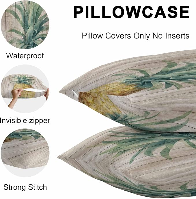 Vandarllin Outdoor Throw Pillows Covers 20x20 inch Set of 2 Waterproof Pineapple Decorative Zippered Cushion Covers for Patio Furniture, Summer Tropical Fruit Wood Lumbar Pillowcases