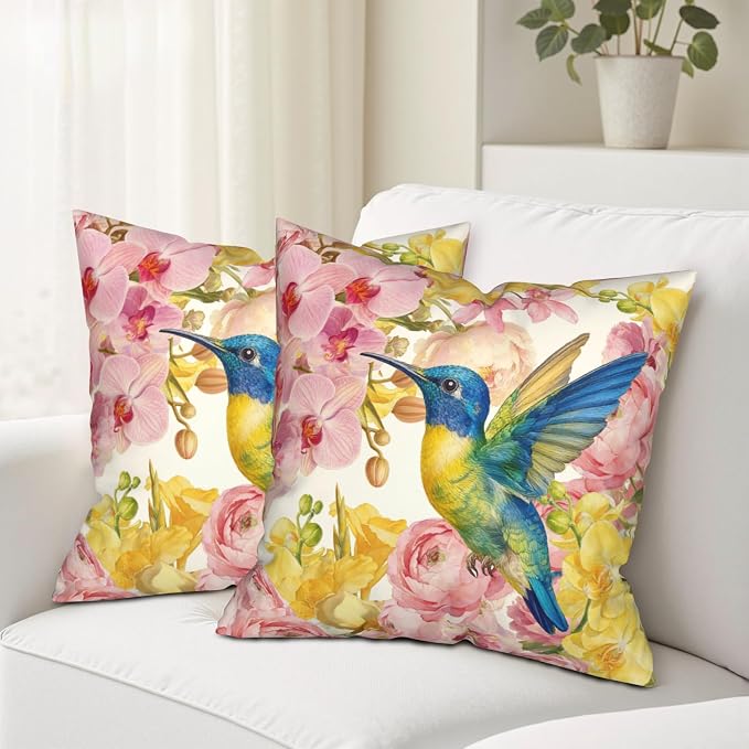 Spring Pillow Covers 22x22 Set of 2 Hummingbird Throw Pillow Covers Pink Yellow Moth Orchid Buttercup Floral Pillow Case for Home Decor Couch Sofa