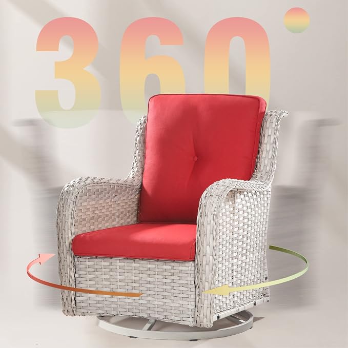 Joyside Outdoor Rocker Swivel Patio Chairs Set of 4 with 2 Matching Side Tables - 6 Pieces Patio Wicker Conversation Set with Premium & Soft Fabric Cushions(Light Grey/Red)