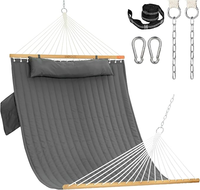 Lazy Daze Hammocks 10.5FT 2 Person Double Quilted Fabric Hammock with Spreader Bar, Detachable Pillow, Side Pocket, Carabiners, Chains, Straps for Outdoor, 450lbs Capacity, Grey