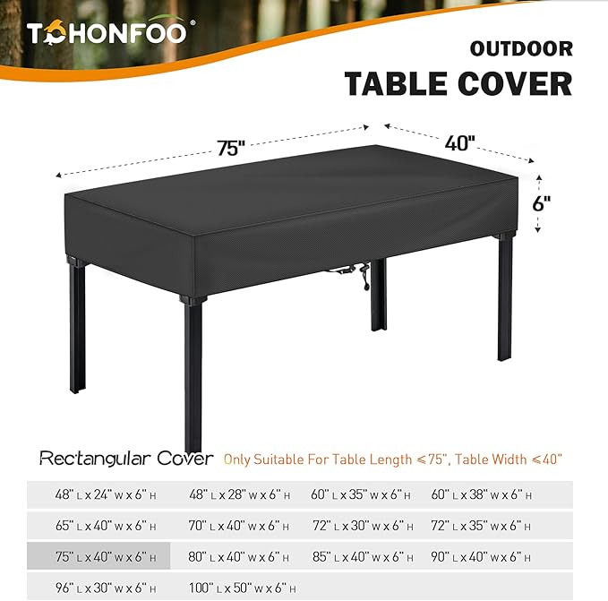 TOHONFOO Rectangular Patio Table Cover - Waterproof Anti-UV Outdoor Dining Table Cover - Outdoor Patio Furniture Cover 75" L x 40" W x 6" H