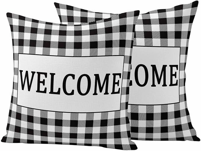 Welcome Black Outdoor Pillow Covers Set of 2 White Buffalo Check Plaid Waterproof Throw Pillow Cover Decorative Cushion Cases for Patio Porch Garden 26X26 Inch