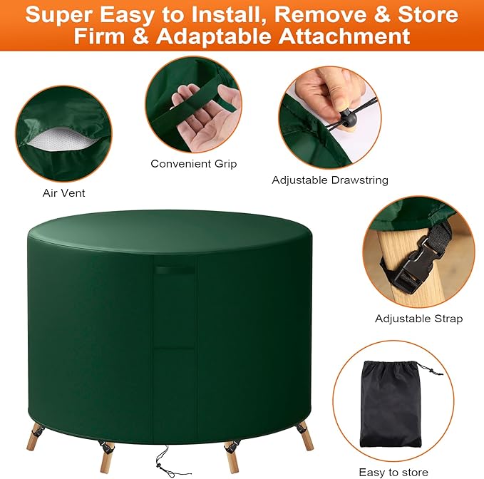 48"(D) x 18"(H) Round Outdoor Furniture Cover, Custom Heavy Duty 420D Waterproof Patio Furniture Cover with Drawstring & Buckles for Table Chair Garden, Green