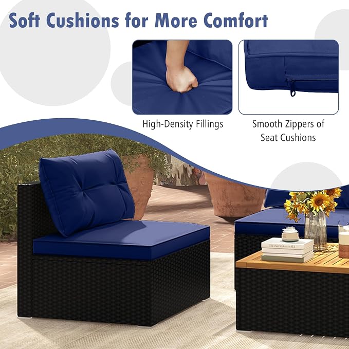 Tangkula 5 Pieces Wicker Patio Furniture Set, Outdoor 4 Armless Rattan Sofa & Coffee Table Set, with Cushions, Acacia Wood Tabletop, Sectional Patio Conversation Set for Lawn, Yard, Poolside, Navy
