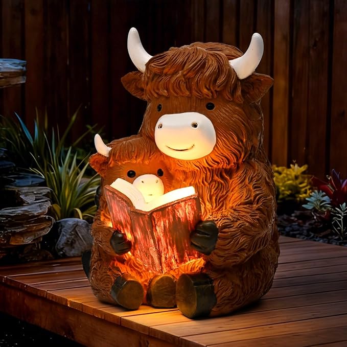 GIGALUMI Solar Highland Cow Decor 8" Garden Statue, Outdoor Decor, Decoration with Light for Patio Yard Lawn Balcony, Christmas/Birthday Gifts for Mom Women