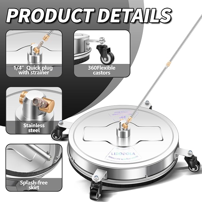 19" Pressure Washer Surface Cleaner with 4 Wheels - Stainless Steel Surface Cleaner for Pressure Washer Attachment for Concrete, Patio, Sidewalk, Deck, Driveways and Daily Washing - PWS 19