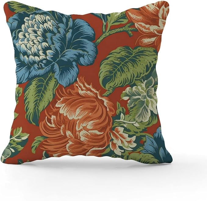 Blue Floral Chinoiserie on Orange Throw Pillow Covers Peony Chic Asian Pillows 20x20 INRustic Accent Farmhouse Decor Pillow for Sofa Bed Chair Car