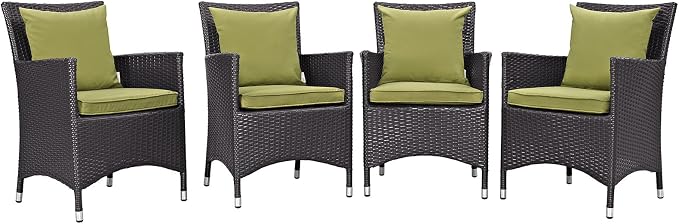 Modway Convene Wicker Rattan Outdoor Patio Dining Armchairs With Cushions in Espresso Peridot - Set of 4