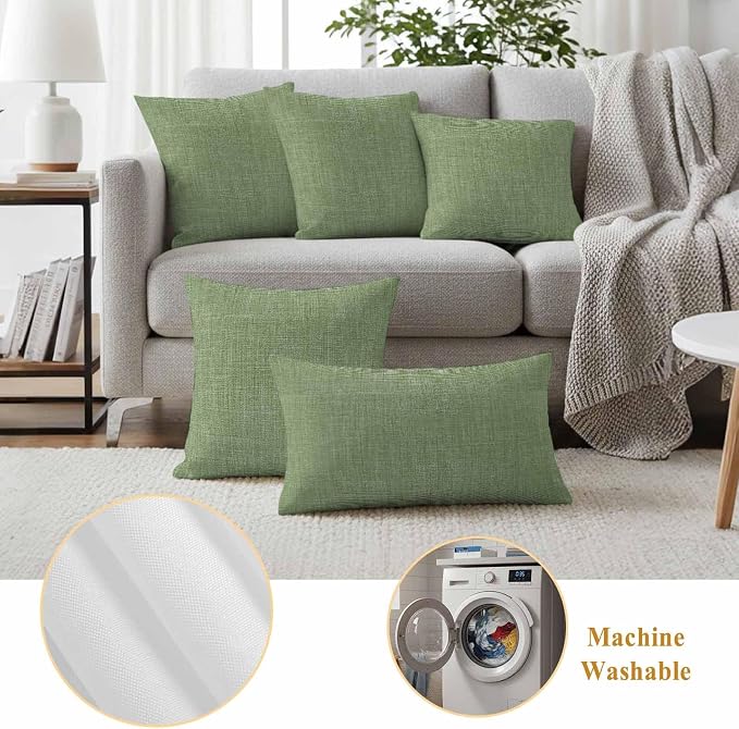 Outdoor Waterproof Throw Pillow Covers Set of 2 Sage Green Linen Pillowcases 20x20 Inches Farmhouse Pure Color Decorative Pillows Cushion Case Patio Pillows for Couch Bed Chair Garden