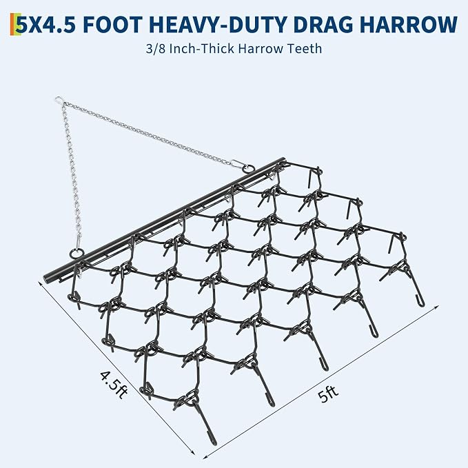 Garvee Heavy Duty Drag Harrow 5 x 4.5 FT Leveling Grading Steel Mesh, 3/8 Thick Harrow Tines, Tow Behind Agricultural-Style Drag for ATV, UTVs,Lawn Tractors Leveling& Grading, Black | 3/8 Thick Harrow Tines, Tow Behind Agricultural-Style Drag for ATV, ...