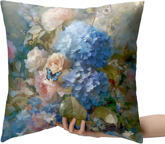 Vintage Rose Hydrangea Pillow Covers Oil Painting Floral Throw Pillow Covers Spring Summer Pillow Case 20x20 Blue Pink Flowers Cushion Case for Living Room Couch Sofa Set of 2