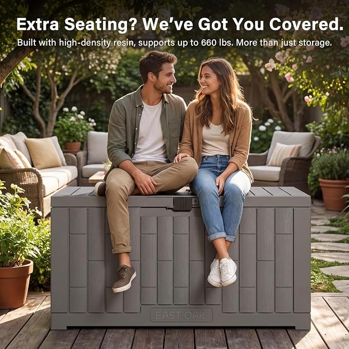 EAST OAK Outdoor Storage Box, 60 Gallon Deck Box Indoor and Outdoor Use, Waterproof Resin Storage Bin for Patio Cushions, Gardening Tools, Lockable, UV Resistant, Ash Grey