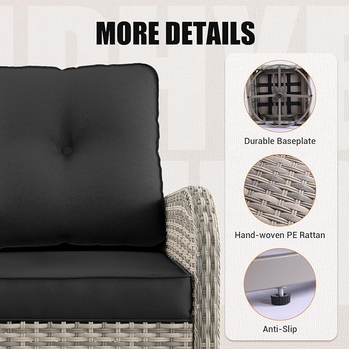 10-Piece Outdoor Patio Furniture Set with Rocking Swivel Chair, PE Wicker Rattan Sectional Sofa Patio Conversation Set with 55,000 BTU Fire Pit Table & Coffee Table, Dark Grey