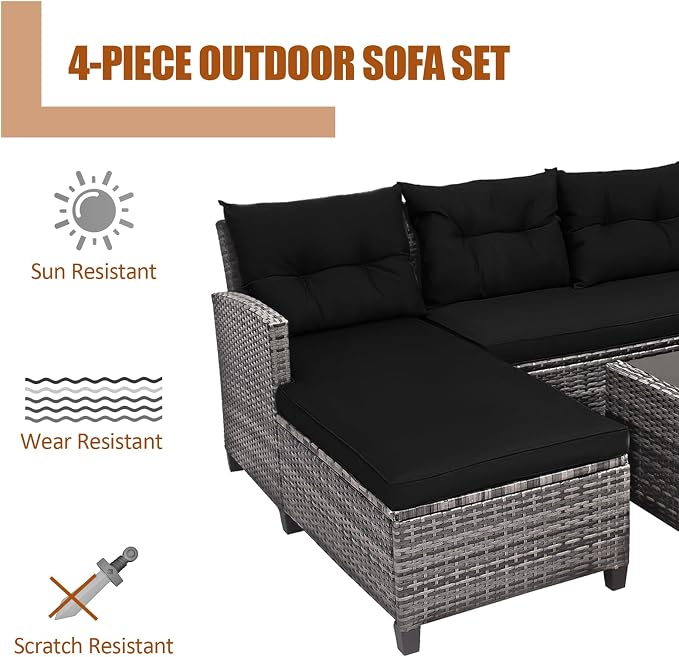 Tangkula 4 Pieces Rattan Conversation Set, Patiojoy Outdoor Furniture Set with Cushions, Lounge Sofa Set with Coffee Table, Patio Sectional Sofa Set for Patio Garden Poolside Backyard (Black)
