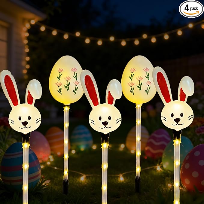 Solar Easter Pathway Lights - 5 Pack Bunny Egg Light Outdoor Solar Powered Path Lights with 8 Lighting Modes, Waterproof Garden Stake for Easter, Housewarming Gifts & Outdoor Decor