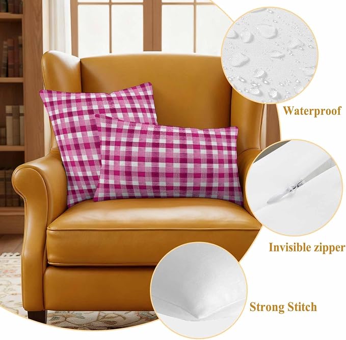 Outdoor Throw Pillow Covers,Pink Gradient Buffalo Plaid Waterproof Decorative Pillowcases Cushion Cover Modern Geometric Check Pillow Cases for Patio Couch Sofa Bed,18x18in Set of 2