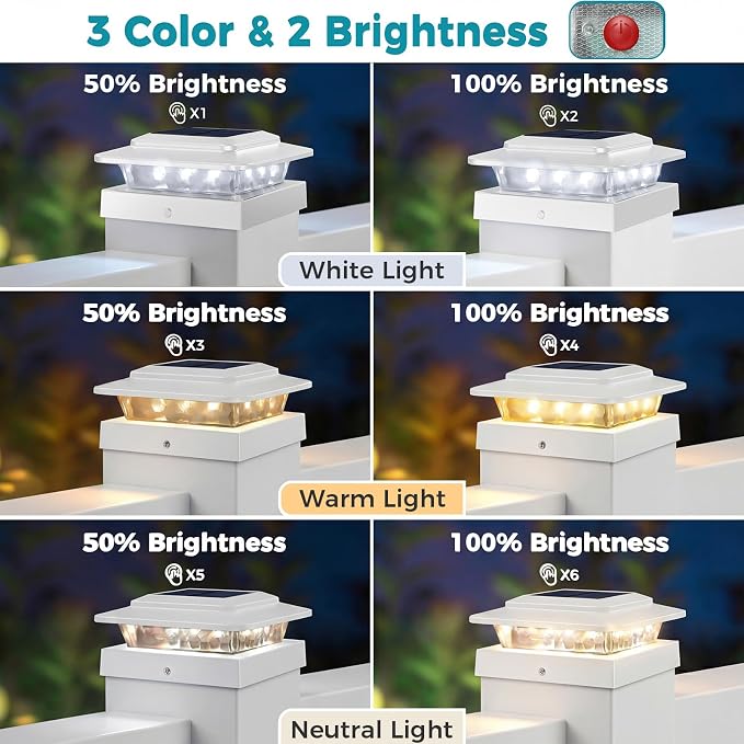 kolpop 4x4 Solar Post Cap Lights Outdoor 16Pack- 3 Color Temperatures&2 Level Brightness, IP65 Waterproof, 16 LED Fence Deck Post Light Solar Powered Only for 4×4/3.5×3.5 Wood/Vinyl Posts(White)