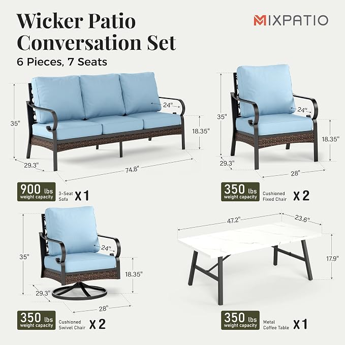 MIXPATIO Patio Furniture Set with Coffee Table, Outdoor Conversation Set with 2 x Fixed Chairs, 2 x Swivel Chairs, 1 x 3-Seat Sofa for Lawn Garden Backyard, Blue