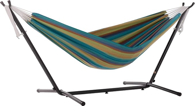 Vivere Brazilian Style Sunbrella Outdoor Double Hammock with Steel Stand, Lagoon