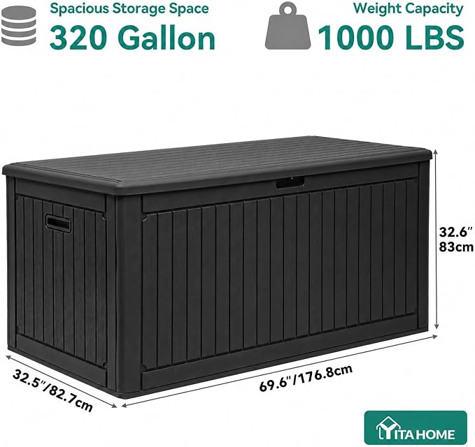 YITAHOME 320 Gallon Extra Large Deck Box, Double-Wall Resin Outdoor Storage Box with Flexible Divider for Patio Cushions Pool Supplies Garden Tools, 1000lbs Load Capacity, Lockable&Waterproof (Black)