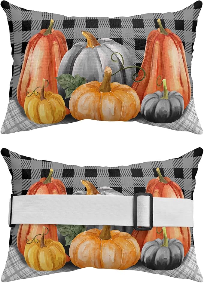 Outdoor Pillows Covers with Inserts Fall Pumpkin Black Gray Lattice Waterproof Recliner Pillow with Adjustable Strap Throw Pillows for Patio Furniture Pool Lounge Chair, 12x20 inch, 1PCS