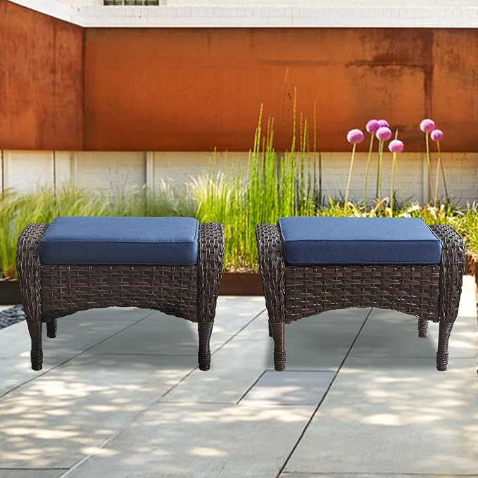 Belord Outdoor Ottomans for Patio Foot Rest - 25 Inch PE Wicker Foot Stool Set of 2 for Patio Furniture Sets,All Weather Rattan Ottoman for Balcony Deck Backyard Brown