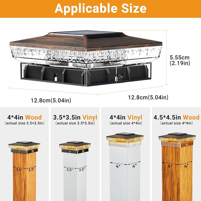 btfarm 4x4 Solar Post Cap Lights Outdoor, 2 Modes 16 LED Deck Fence Post Lights, 1 Pack Waterproof Solar Powered Lighting Outside Fit 4x4 3.5x3.5 Wooden/Vinyl for Porch Patio Garden, Copper