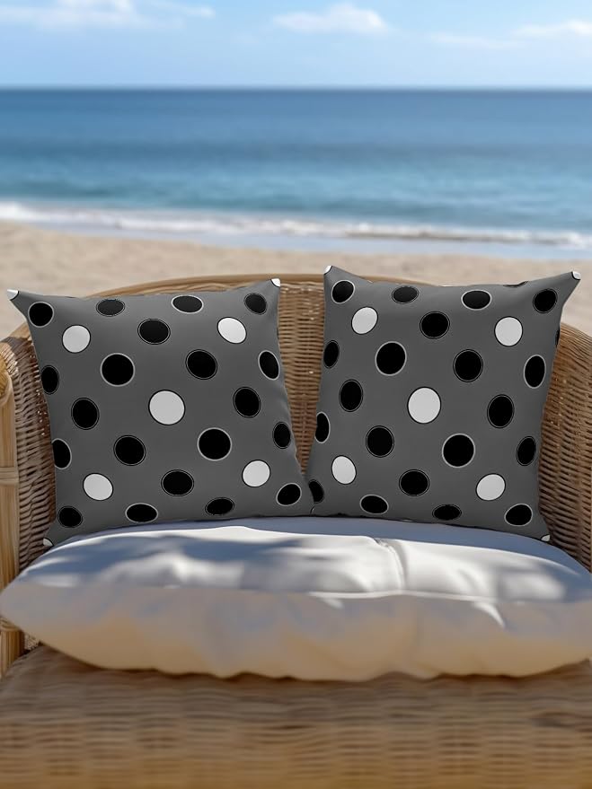 Waterproof Outdoor Pillow Set of 2 Black Polka Dots Decorative Throw Pillows Cover & Insert 16x16 Inch Pillowcase Funny Circles Spots Square Pillows for Couch Sofa Bed Patio Furniture Indoor Outdoor