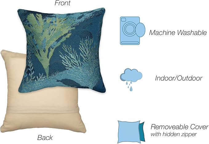 Liora Manne MARINA Indoor/Outdoor Power Loomed Easy Care Pillow - Transitional Graphic Botanical Beach Colorful (Coral Garden Lapis) (18" x 18")