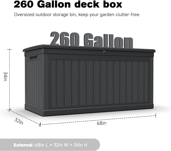 260 Gallon Large Outdoor Storage Deck Box, Double-Wall Resin Patio Container for Cushions, Garden Tools & Pool Accessories, Lockable, Weather-Resistant, Doubles as Bench, Black