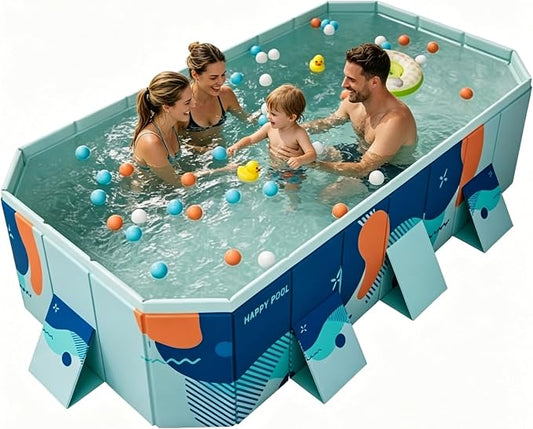 Foldable Swimming Pool, Rectangular Above Ground Swimming Pool for Outdoor Family Square Pool with Drain Plug and Drain Hole, Easy to Assemble Pool for Kids, Pets and Dogs(116" L x 65" W)