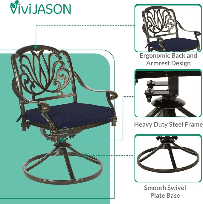 VIVIJASON 9-Piece Outdoor Furniture Dining Set, Cast Aluminum Patio Table and Chairs Set with 4 Stationary Chairs, 4 Swivel Rocker Chairs, 64" Large Square Dining Table, Umbrella Hole, Navy Blue