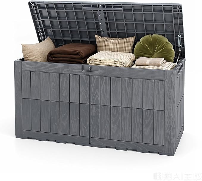 Tangkula 100 Gallon Outdoor Storage Box, Waterproof PP Resin Patio Storage Box with Lockable Lid for Indoor & Outdoor Use, 2-in-1 Rattan Design Deck Box for Cushions, Garden Tools