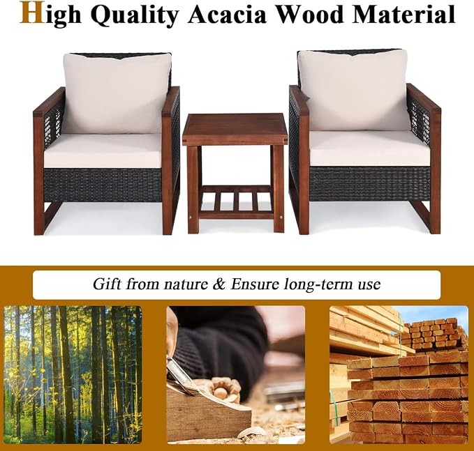 Tangkula 3 Pieces Patio Wicker Furniture Set, Rattan Outdoor Sofa Set w/Washable Cushion & Acacia Wood Coffee Table, Conversation Bistro Set for Garden Balcony Backyard (Beige)