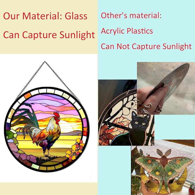 Rooster Hanging Stained Glass Sun Catcher,20cm/7.87inch Hand-Painted Sun Catcher Garden Hangings Christmas Mother's Day, Valentine's Day Ornaments Festival Gift