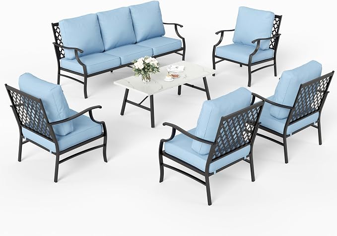 SUNSHINE VALLEY 6 Piece Metal Outdoor Patio Furniture Set, Patio Conversation Sets 1 3-Seater Sofa, 4 Fixed Chairs with 5.75" Thick Cushion and Coffee Table, Backyard Furniture Set for Deck, Blue