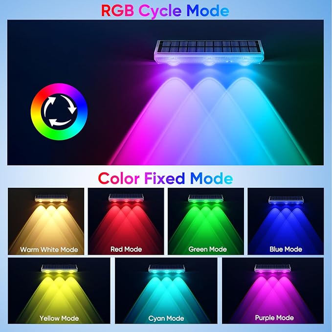 YiLaie Solar Fence Lights Outdoor - Warm White & RGB 6 Color, Solar Lights Outdoor IP67 Waterproof, Garden Lights for Outside/Backyard/Railing/Step/Patio/Wall (6 Pack)