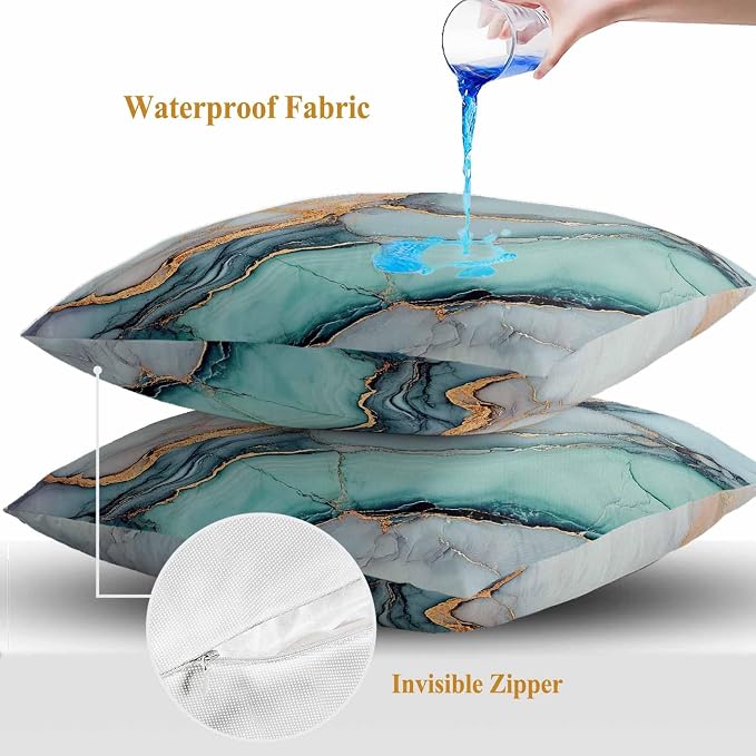 Marble Texture Outdoor Waterproof Throw Pillow Covers Set of 2, 26"x26", Abstract Teal Blue Gold Crack Art Decorative Pillow Covers Outside Cushion Case for Patio Porch Garden