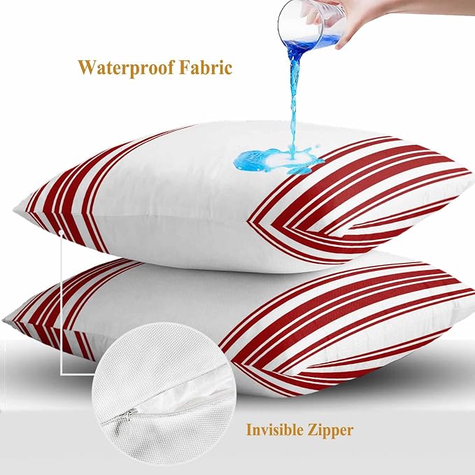 Outdoor Waterproof Throw Pillow Covers Set of 2 Red Stripes Pillowcases 26x26 Inches White Vertical Striped Decorative Pillows Cushion Case Patio Pillows for Couch Bed Chair Garden