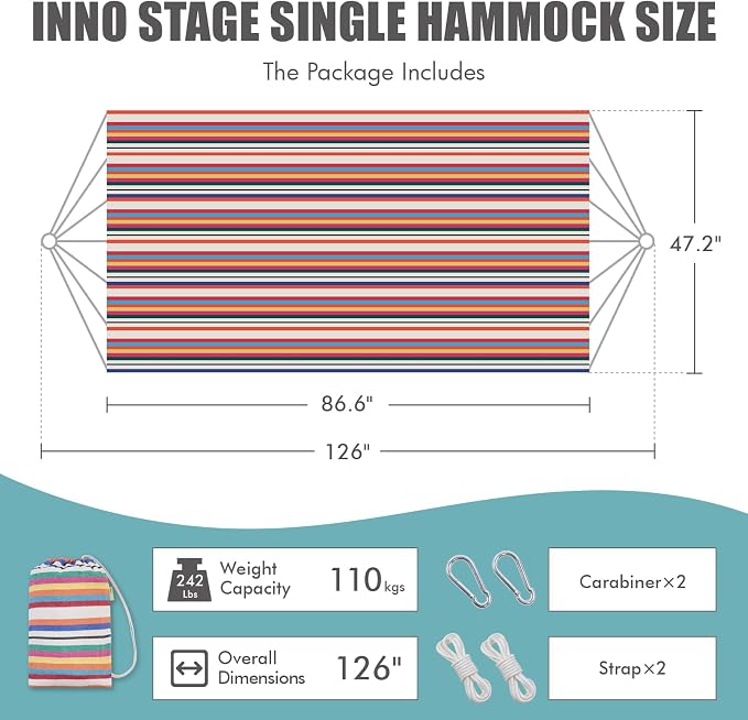 INNO STAGE Brazilian Hammock with Tree Straps - Cotton Hammocks Portable Hammock with Carry Bag for Backyard, Porch, Outdoor and Indoor Use Mixcolor