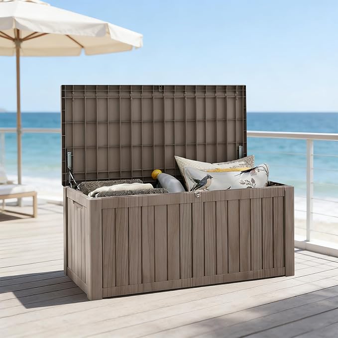 FEFLO 120 Gallon Resin Desk Boxes, Lockable Outdoor Storage Box | IP54 Weatherproof Package Delivery Boxes for Furniture, Toy, Shoe, Garden & Patio Tools Storage Outside - Brown