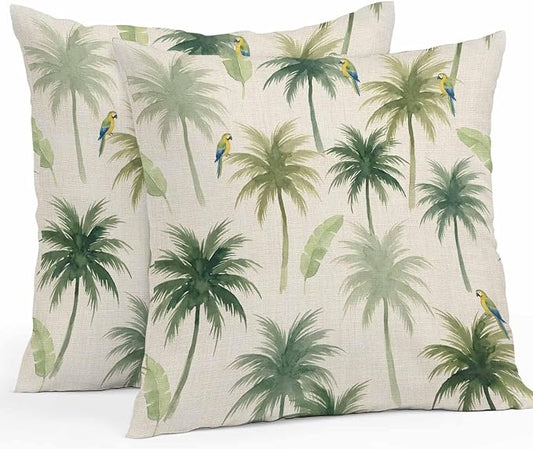 Yukro Summer Palm Tree Parrot Outdoor Waterproof Pillow Covers Pack of 2, Tropical Green Leaf Bird Retro Throw Pillowcases Decorative Cushion Covers for Garden Patio Tent Sofa Couch, 24x24 inch
