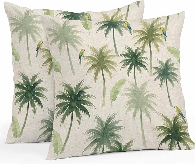 Yukro Summer Palm Tree Parrot Outdoor Waterproof Pillow Covers Pack of 2, Tropical Green Leaf Bird Retro Throw Pillowcases Decorative Cushion Covers for Garden Patio Tent Sofa Couch, 26x26 inch