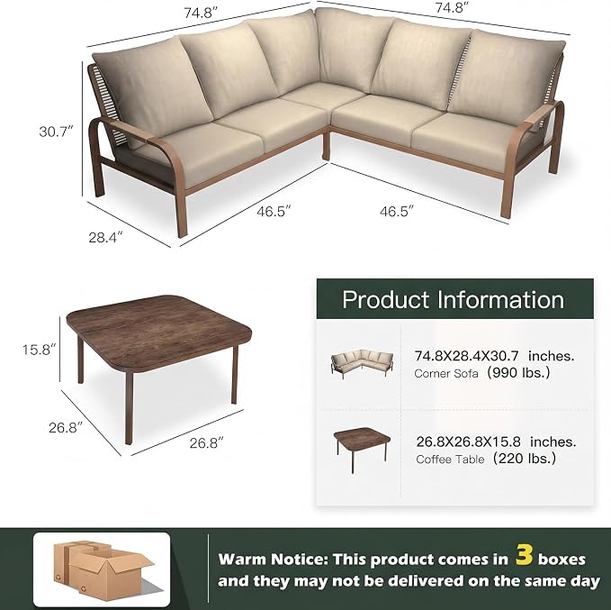 Aluminum Patio Furniture Set with Coffee Table, 4 Pieces Outdoor Couch Sectional, L Shaped Patio Sofa, Outdoor Seating Conversation Set,Beige