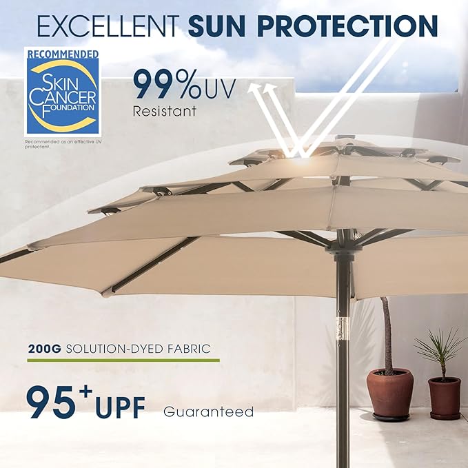 wikiwiki 9FT 3Tiers Solar Led Patio Umbrella, Sturdy Outdoor Market Umbrella for Deck, Pool, Garden w/Tilt, Crank, 32 LED Lights, Tan
