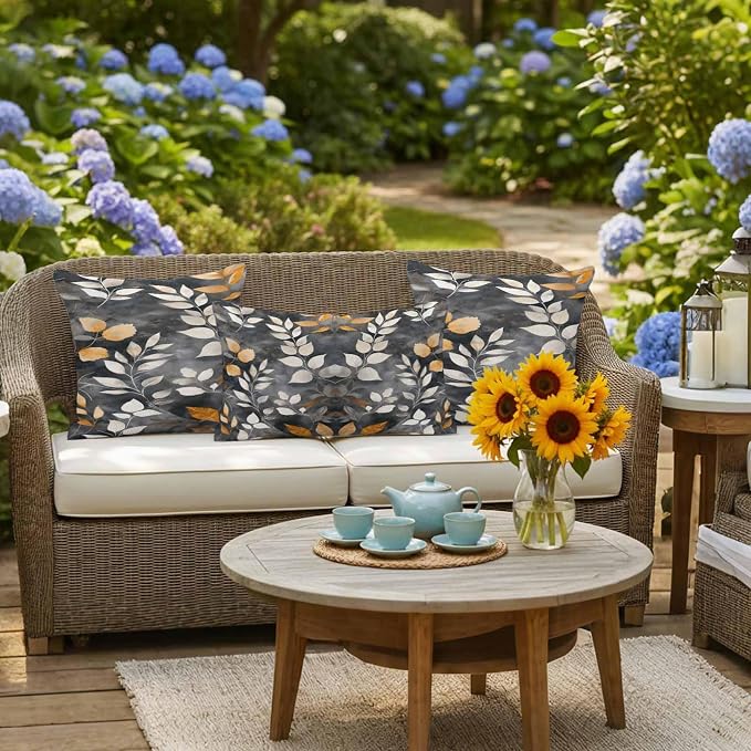 Vintage Leaves Waterproof Outdoor Pillow Covers Set of 2 Home Decor, Vintage Botanical Leaf Plants Branches Pillowcase Patio Pillow Covers for Couch Bench Furniture Garden 20x12in