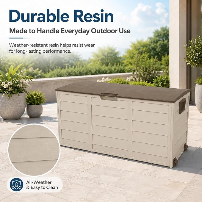 75 Gallon Resin Deck Box, Waterproof Outdoor Storage Box with Wheels, Lockable Lid and Handles, Large Deck Storage for Outdoor Gear, Patio Furniture Cushion, Gardening Tools, Brown