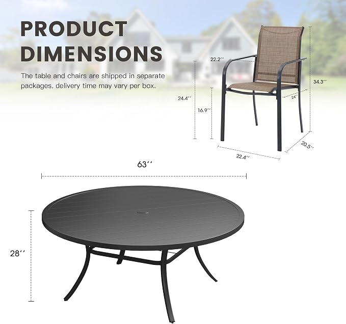 11 Pieces Outdoor Dining Set, Stackable Textilene Paito Chairs & 63" Round Dining Table with Umbrella Hole, Patio Dining Set for Backyard, Deck, Garden, Brown & Black